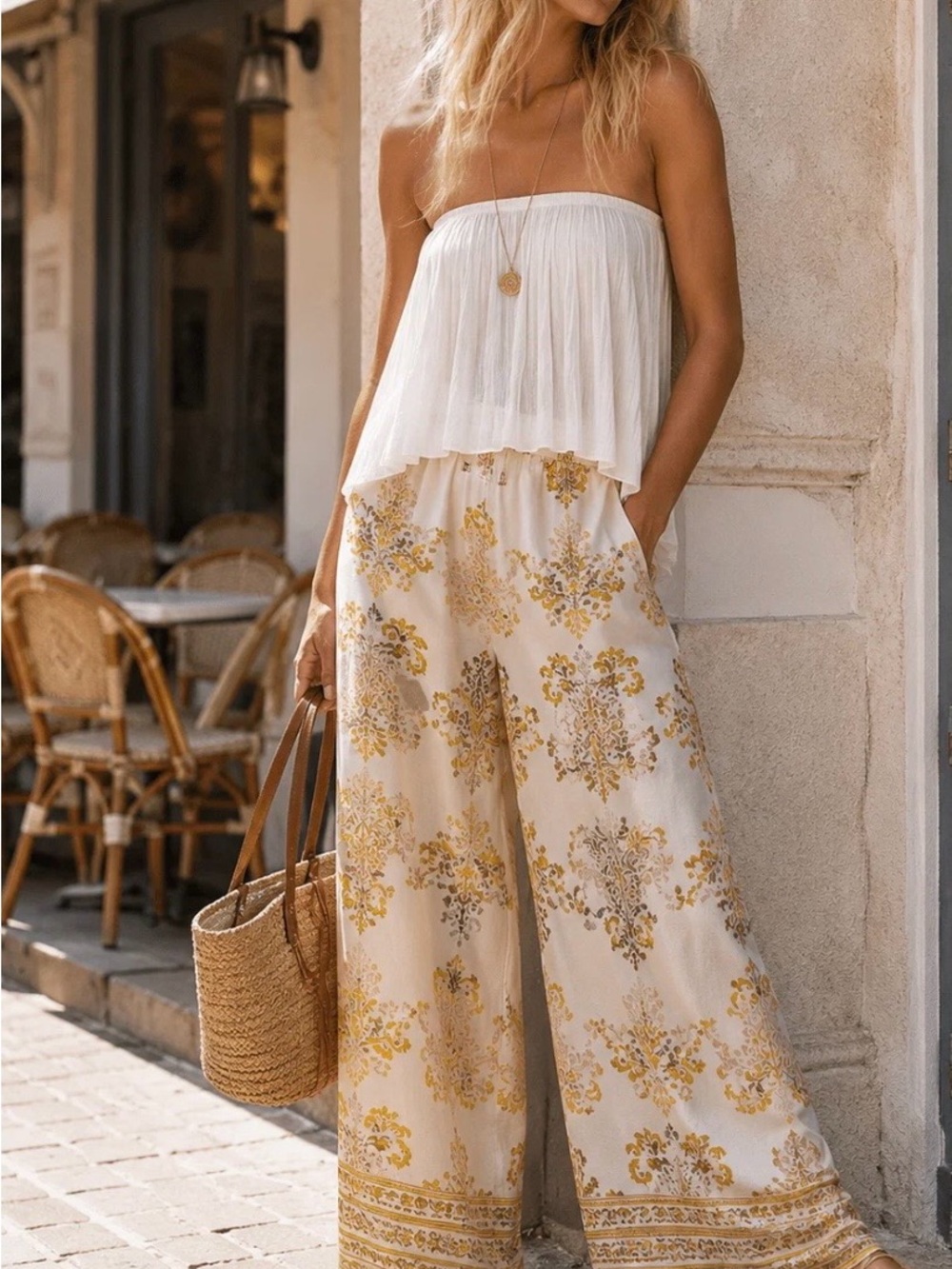 Creamy Wide Leg Pants. Pink:yellow:green undertones. Back Elastic. Large NWT